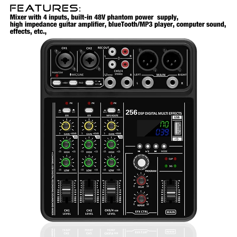 Audio Mixer 4 Channel - Audio Interface Mixer with Bluetooth USB